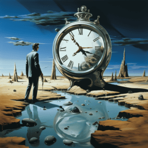 Horloge fondante style Dali avec une personne luttant contre le temps